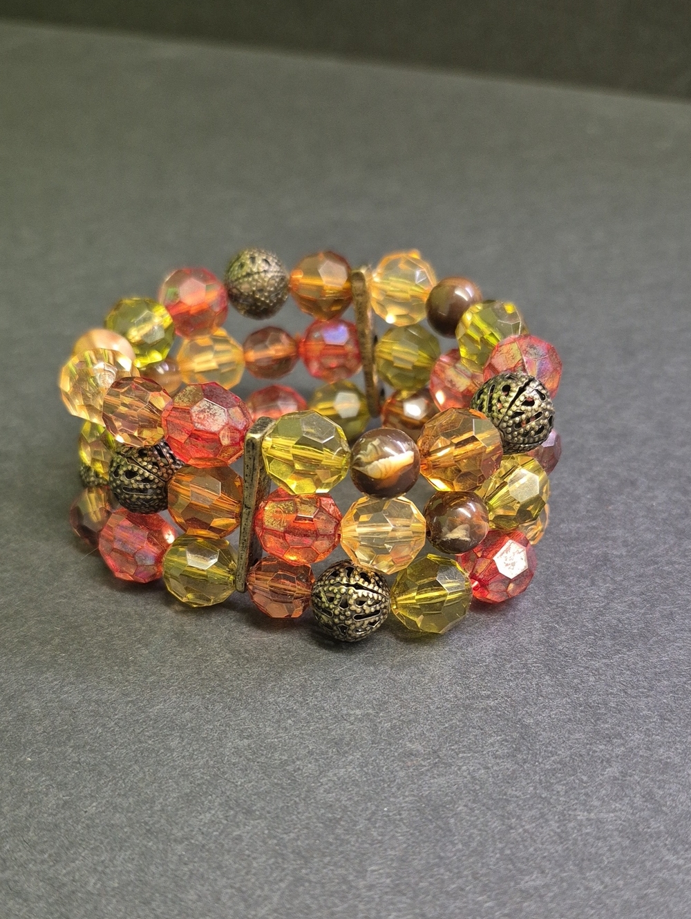 Multi-Color Beaded 3 Strand Stretch Bracelet - Yellow & Orange